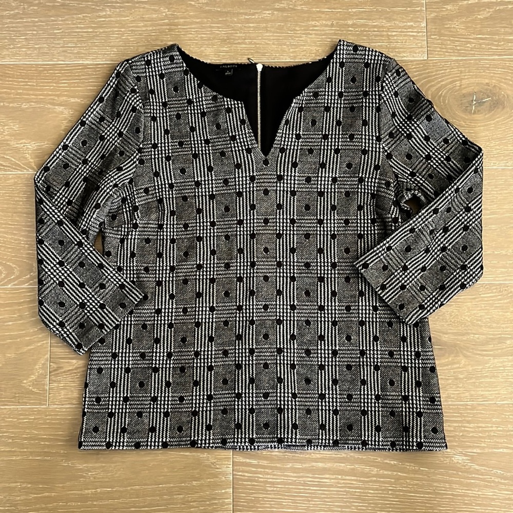 Talbots Black Polka Dot and Plaid Top size Large